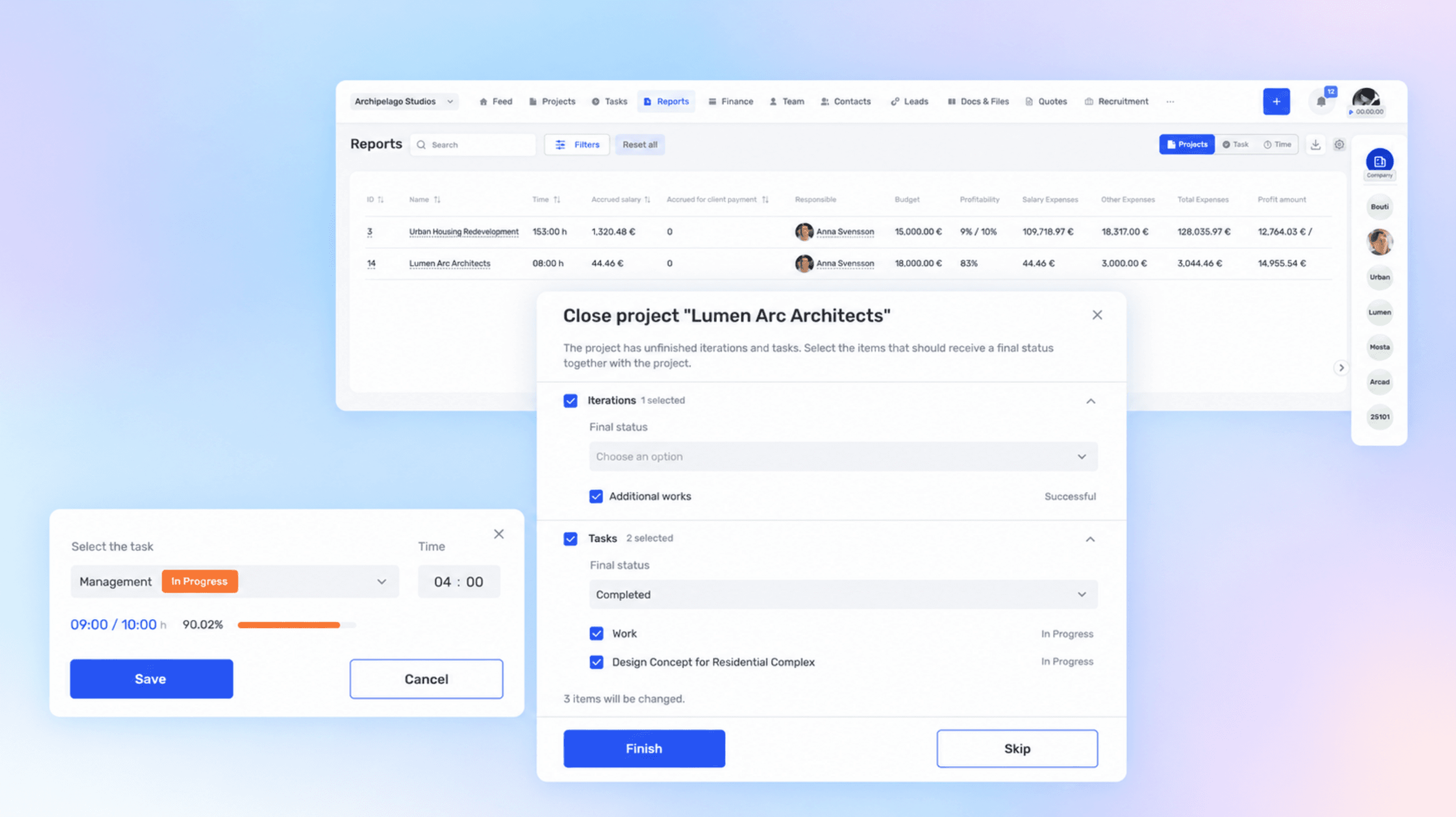 Project completion with tasks, time entry transfers, and project economics in reports