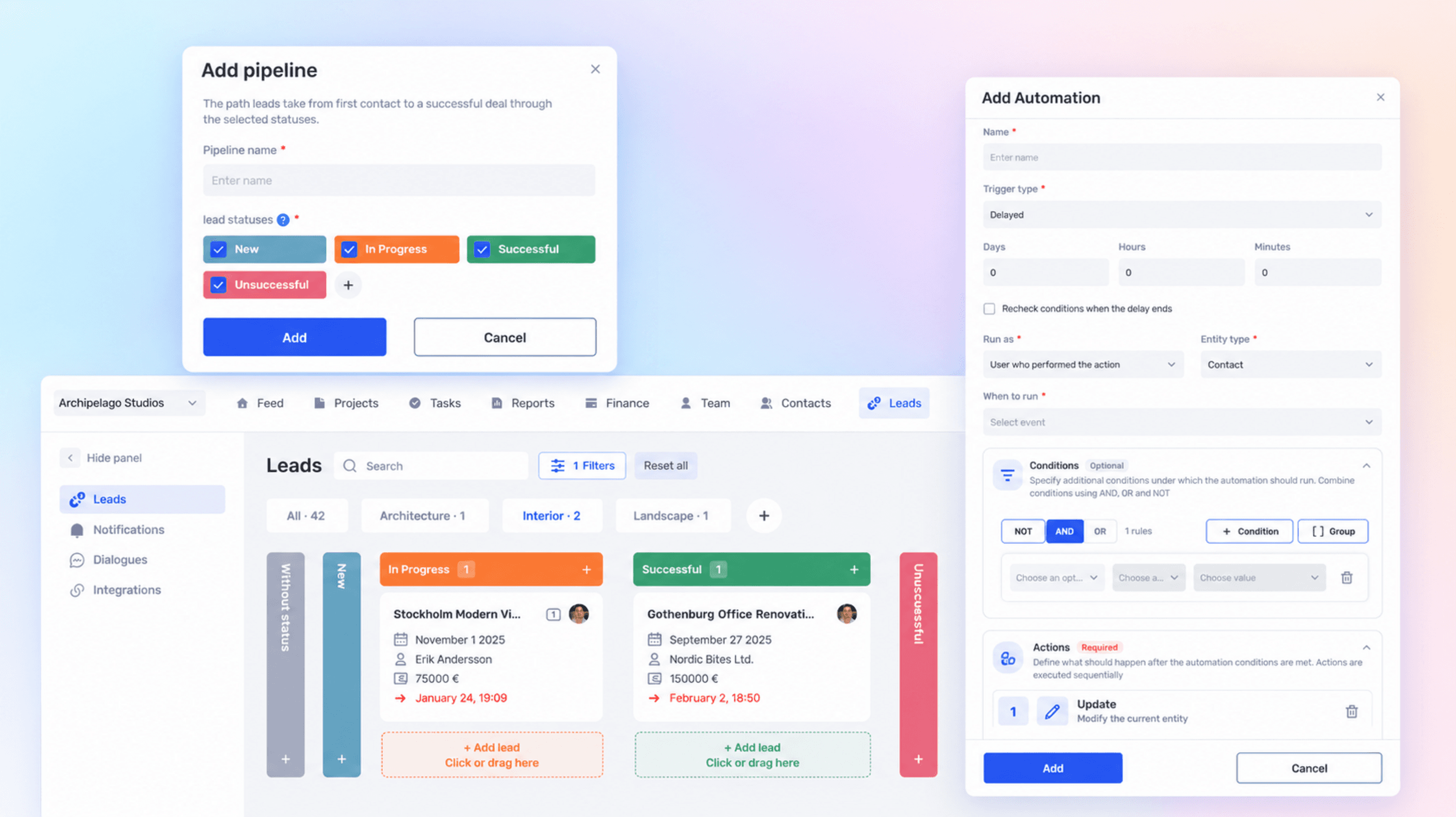 Окремі воронки продажів, відкладені автоматизації та дії з лідами в CRM