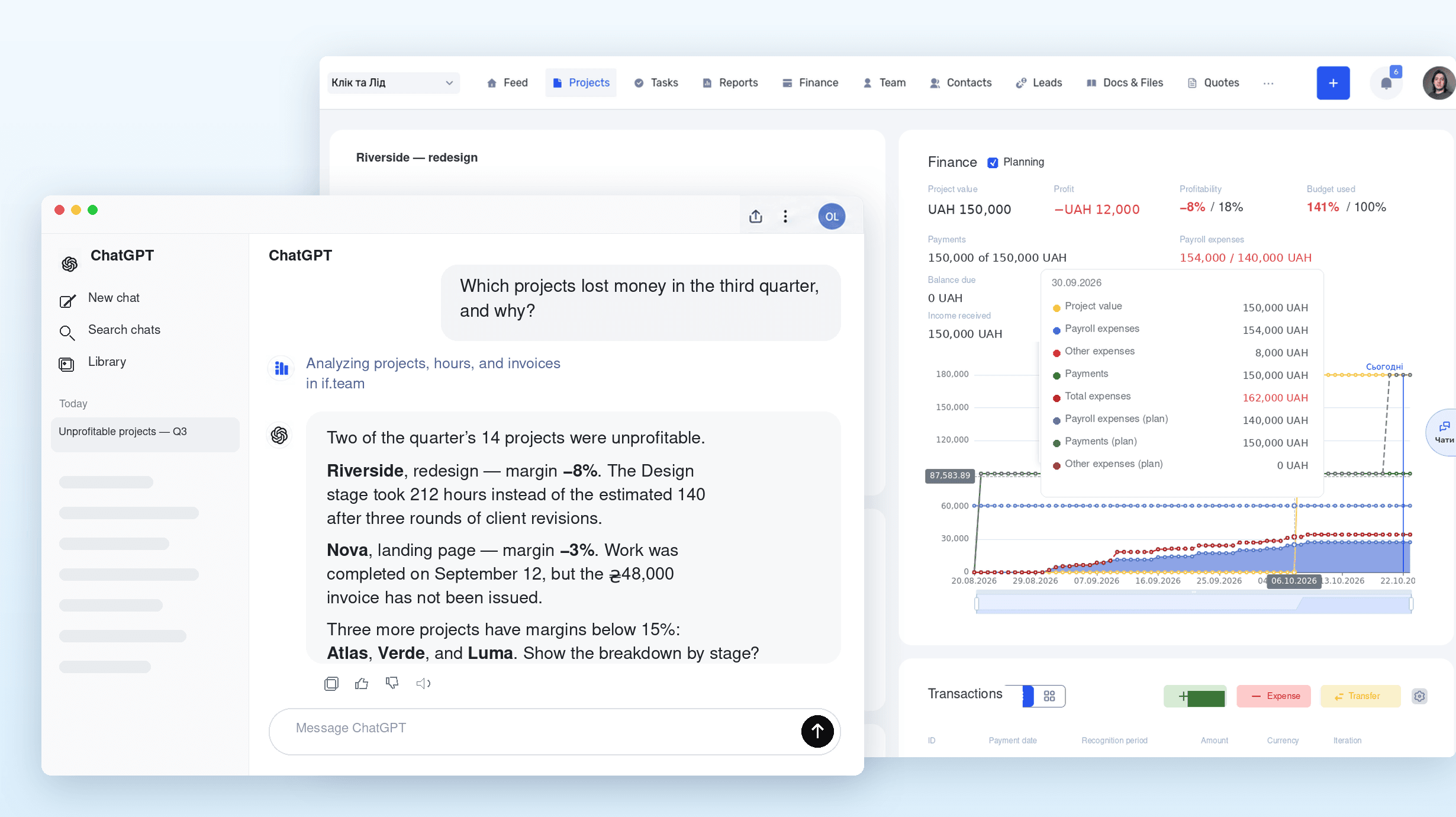 ChatGPT answers which projects lost money, next to the project finances in if.team