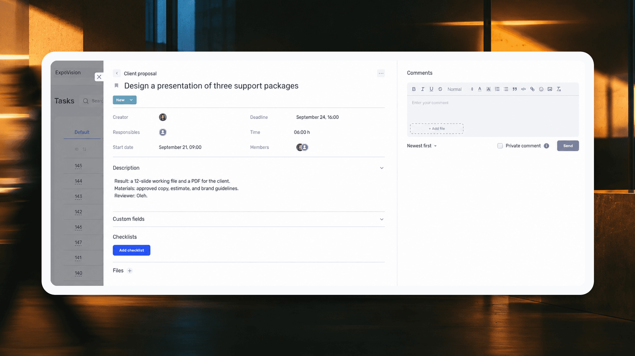 Task card in if.team: creator, responsibles, deadline, time, description and comments