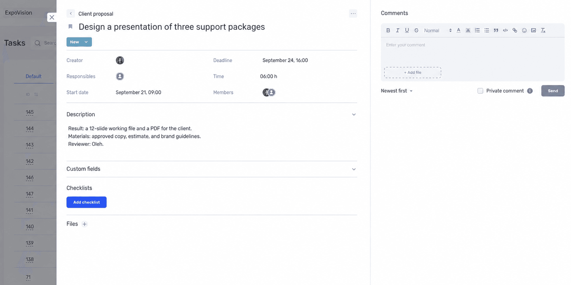 Task card in if.team with an assignee, deadline, and expected result.