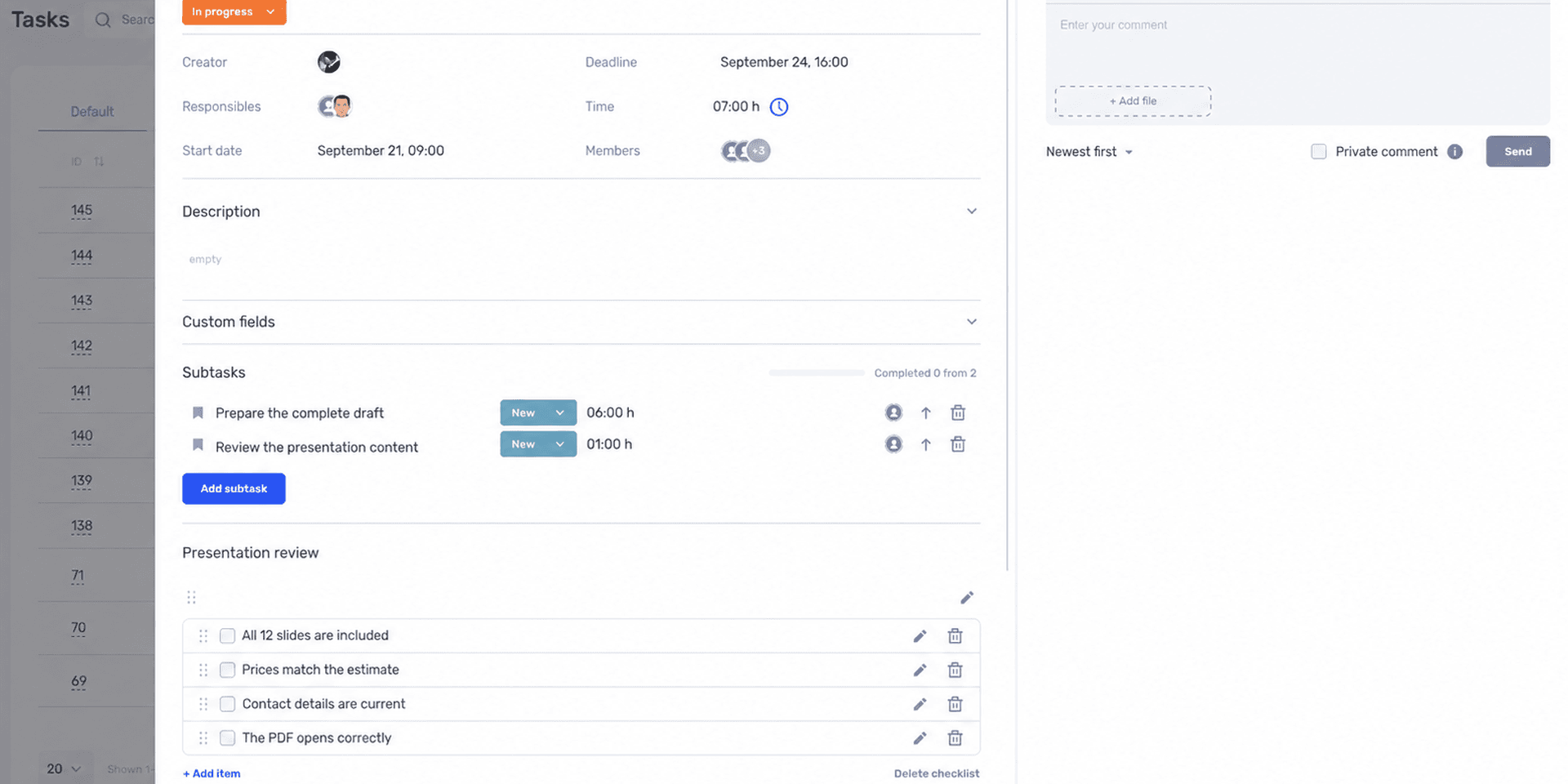 Presentation checklist and a subtask with a separate assignee in if.team.