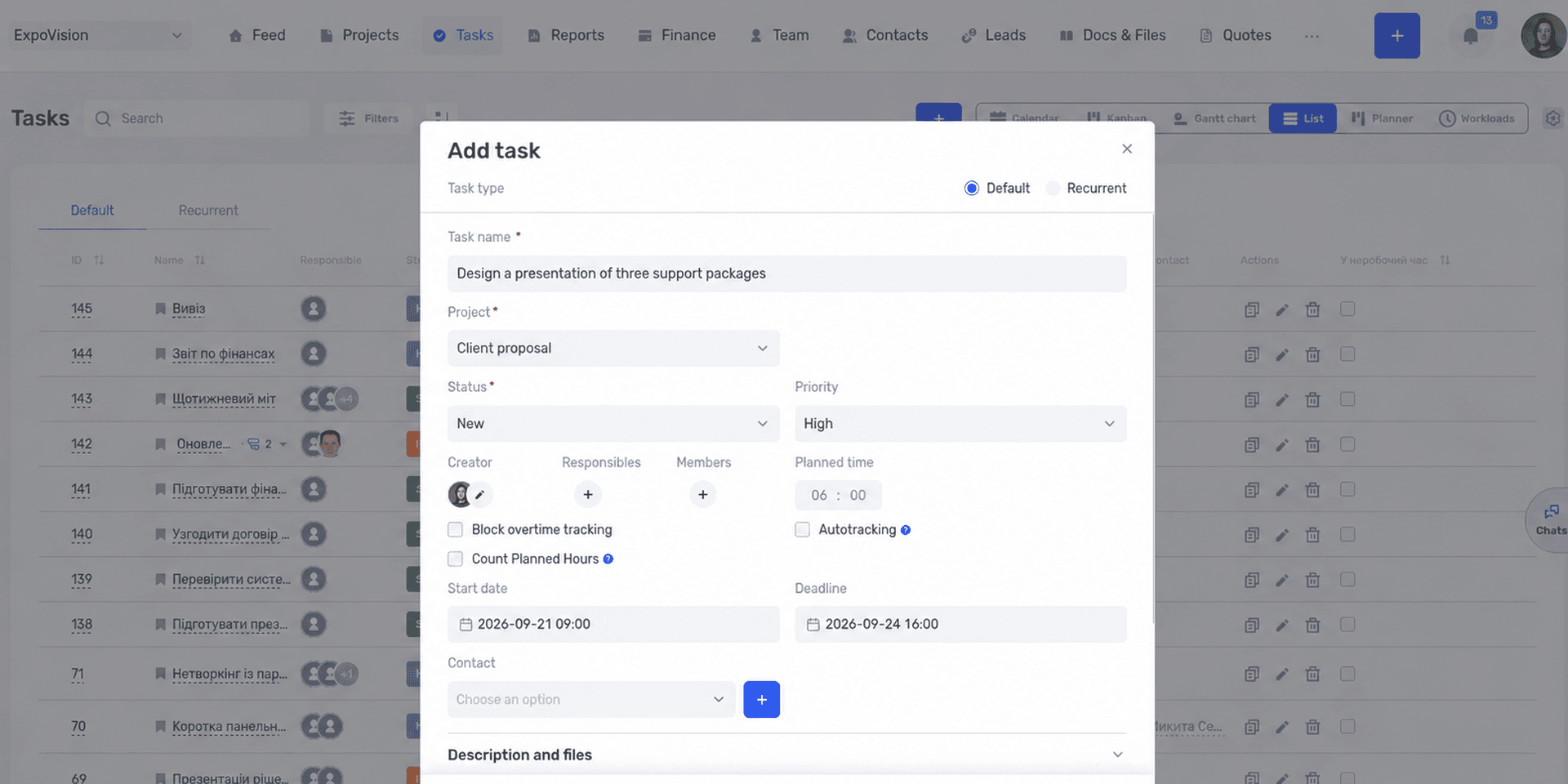 Creating a task in if.team with a name, project, status, and assignees.