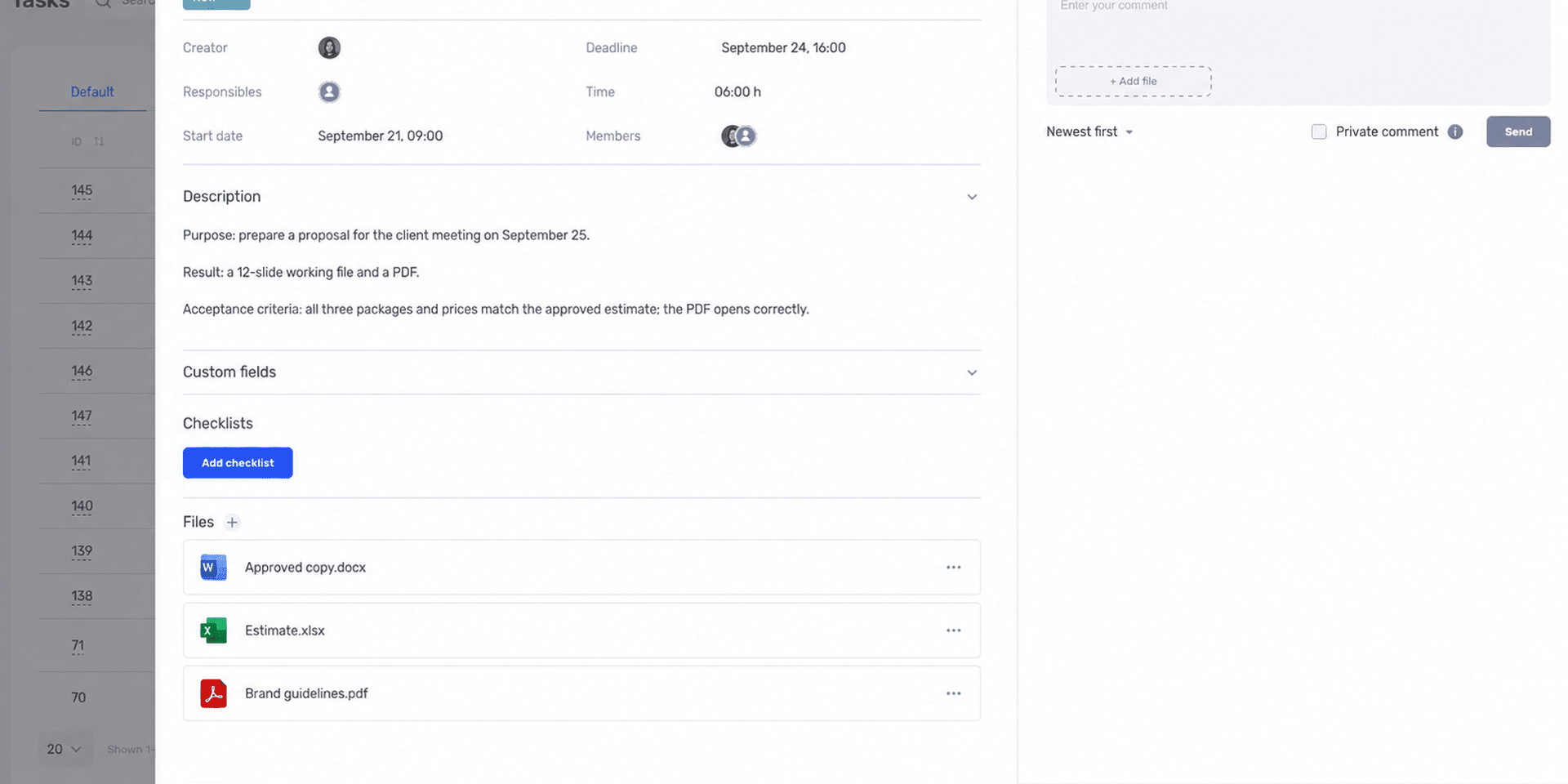 Expected result, acceptance criteria, and source files in an if.team task.