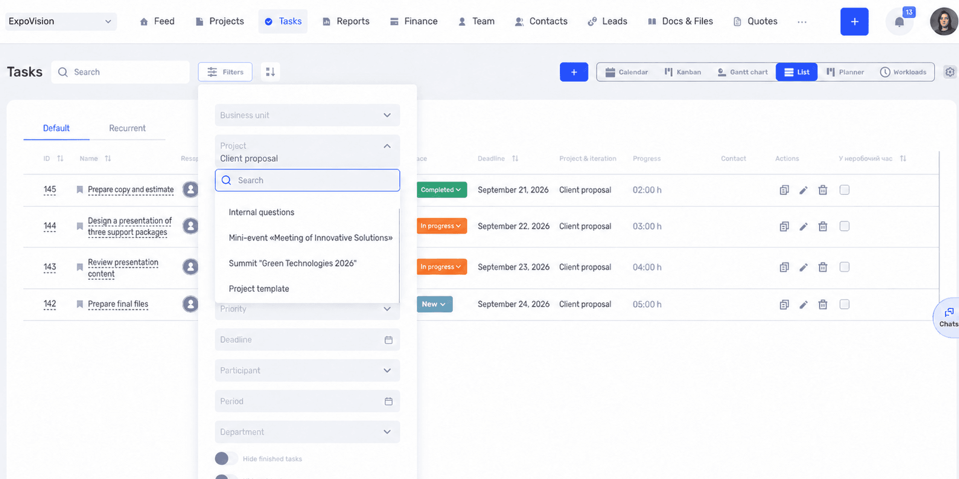 Filtering if.team tasks by project and status to track completion.