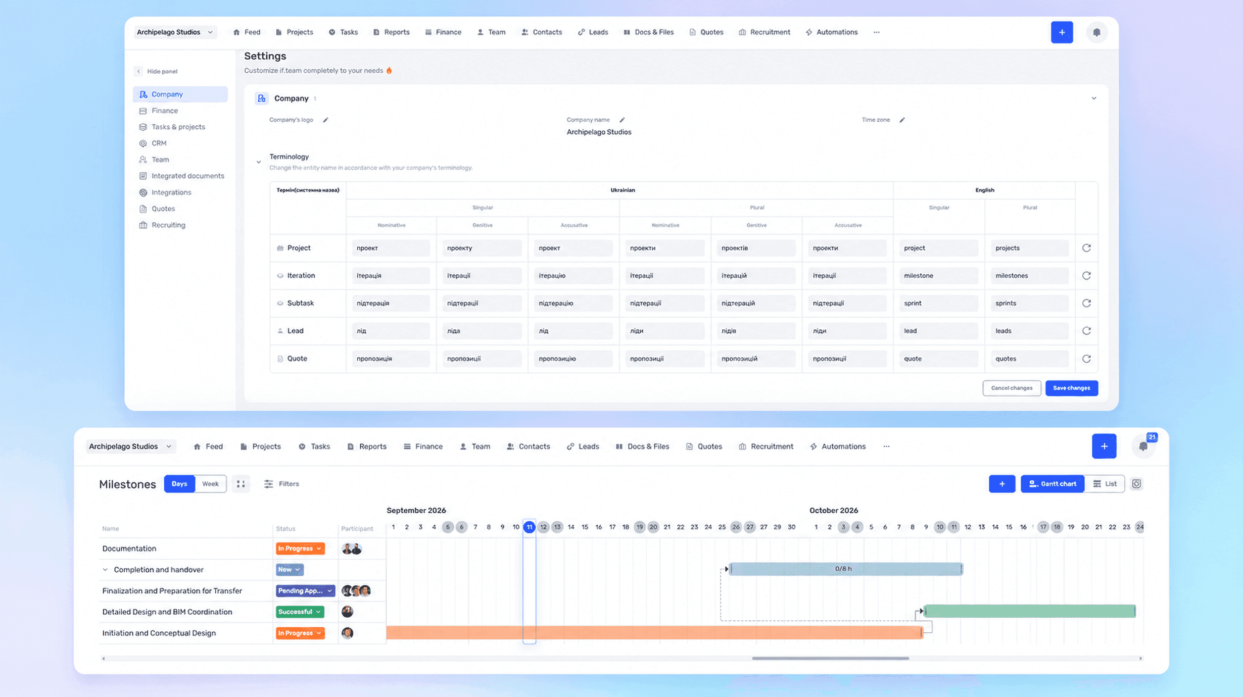 Custom terminology in if.team: rename projects, iterations, and leads